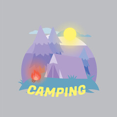 outdoor camping illustration on night, landscape, flat style with tent, campfire,  forest Background 