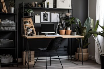 Black noted student desk in their home office. At home office, the workspace is stylish. Generative AI