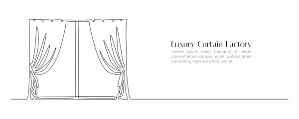 One continuous drawing of window with curtains. Living room interior concept with draped fabric in simple linear style. Editable stroke. Outline doodle vector illustration
