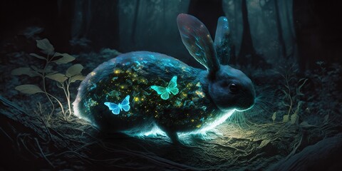 Transparent glowing Easter bunny in the night forest, concept of Illumination and Fantasy, created with Generative AI technology