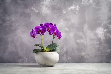 With copy space and an artificial purple orchid in a container on a table, a cement wall background. Generative AI