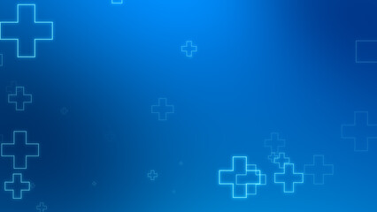 Fototapeta premium Medical health blue cross neon light shapes pattern background. Abstract healthcare technology and science concept.