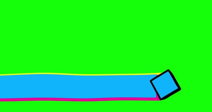 Wipe liquid lower third with cube cartoon CMYK version. Linear doodle black outline animation figure rotation. Seamless loop and alpha channel. Motion design element.