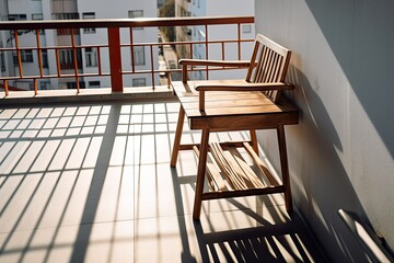 Fototapeta na wymiar wooden chair and table on a balcony. great shadows and lighting, too. Generative AI