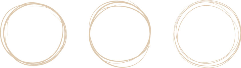 Beige circle line hand drawn set. Highlight hand drawing circle isolated on background. Round handwritten circle. For marking text, note, mark icon, number, marker pen, pencil and text check, vector