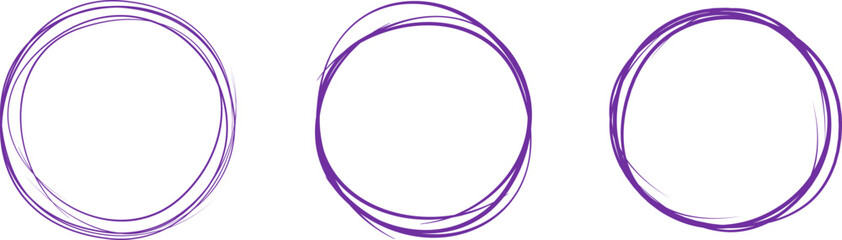 Violet circle line hand drawn set. Highlight hand drawing circle isolated on background. Round handwritten circle. For marking text, note, mark icon, number, marker pen, pencil and text check, vector