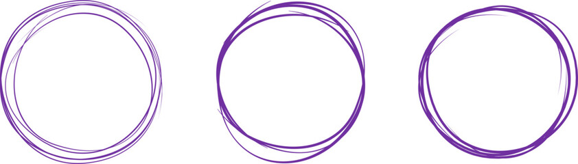Violet circle line hand drawn set. Highlight hand drawing circle isolated on background. Round handwritten circle. For marking text, note, mark icon, number, marker pen, pencil and text check, vector