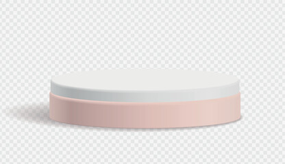 Round white and pink stage podium with shadow isolated on transparent background. Stage realistic 3d vector mock up. Podium scene for award ceremony and product presentation.