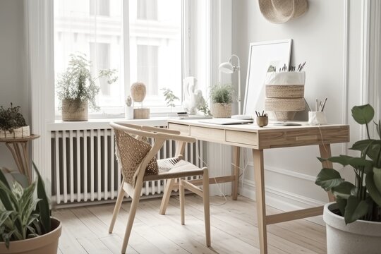 Desk with business necessities in an airy Scandinavian design. A businessman's location of employment. Wicker baskets, books, and mirrors. Generative AI