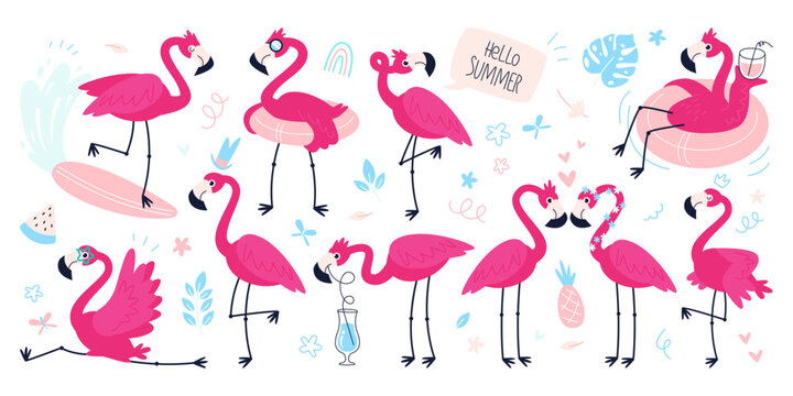 Flamingos characters flat illustrations set.