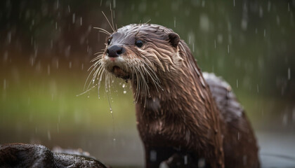 brown otter enjoying its day in the sun and the rain