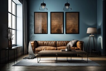 In the inside of a living room with a brown leather couch, carpet, floor lamp, and coffee table on hardwood flooring, there is a blank horizontal poster on a blue concrete wall. Generative AI