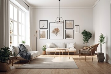 Corner view of a light filled living room that features a coffee table, sofa, armchairs, a white wall, a closet, an oak hardwood floor, and carpet in addition to four white posters. minimalist design