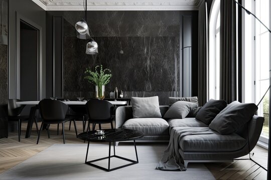 With gray furniture, black marble, and black steel textures in the living and eating areas, modern classic interior design is used. Generative AI