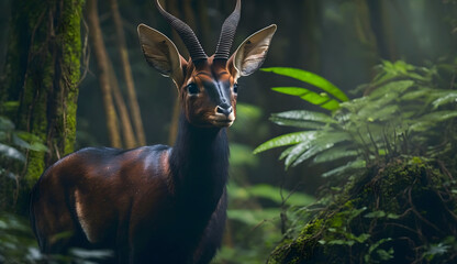 A strikingly fierce, mysterious, and mesmerizing image of a Saola standing in the forest. AI Generated