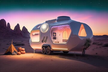 Fototapeta na wymiar Jet-Setting Across the Galaxy in a Futuristic Camper Generative AI