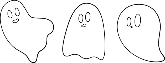 Vector of three endearing ghost characters designed specifically for use in Halloween celebrations and decorations, created in outline style