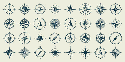 Vintage marine wind rose, nautical chart. Monochrome navigational compass with cardinal directions of North, East, South, West. Geographical position, cartography and navigation. Vector illustration. © 32 pixels