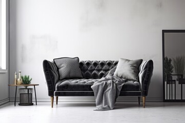 Couch in black and white with pillows against a white studio wall. Scandinavian interior design example of a single sofa in a living room. Generative AI