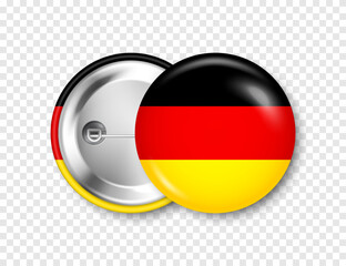 Realistic button badge with printed German flag. Souvenir from Germany. Glossy pin badge with shiny metal clasp. Product mockup for advertising and promotion. Vector illustration