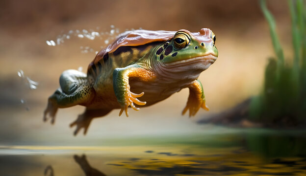 A Goliath Frog leaping through the air from a pond. AI Generated