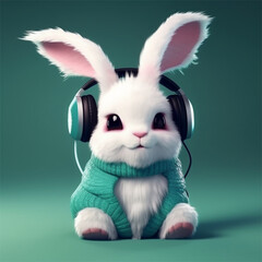 Coelho ouvindo música com fones de ouvido criado por IA
