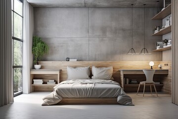 Grey bedroom decor with lighting over a mockup of a horizontal wall, wood materials, niche shelves, a window with a view, a desk for a home office, a bed, and a concrete floor. concept for contemporar