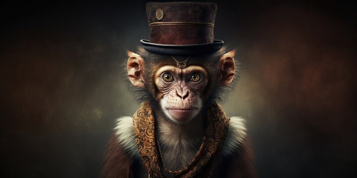 Monkey wearing a fez hat and vest looking like its ready to perform in circus or magic show, concept of Entertainment and Costume, created with Generative AI technology