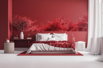 Red box side background and contemporary white bedroom décor. Generative AI