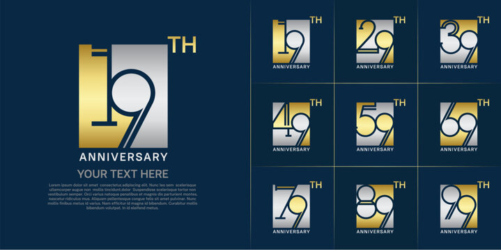 set of anniversary logotype gold and silver color in square for special celebration event