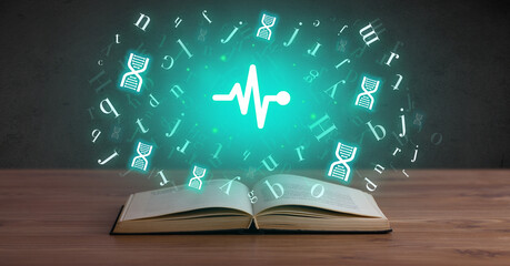 Open medical book with health icons above