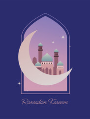 Ramadan kareem vector illustration. Islamic holiday, greeting card, poster. Background with mosque and crescent.