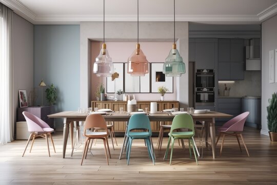 Interior of a dining room with gray walls, a hardwood floor, a table surrounded by various styles of pastel colored chairs, and a row of lights hanging above the table. Mock up for a wall. Generative