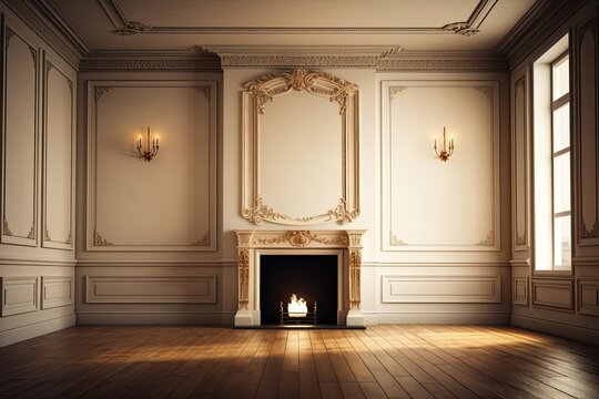 A traditional empty beige interior with a fireplace, curtain, window, wall panels, and a wide photograph. Generative AI