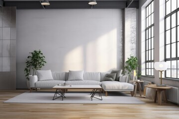 Interior of a gray and white loft featuring a white couch, a coffee table, and a wooden floor. a detailed mock up. Generative AI