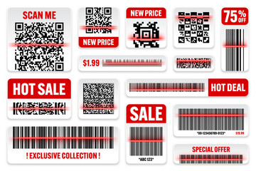 Product barcodes and QR codes with red scanning line. Sale stickers, discount label or promotional badge. Serial number, product ID. Store, supermarket scan labels, price tag. Vector illustration
