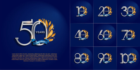 set of anniversary logotype silver and gold color, ornament and blue ribbon for special celebration event