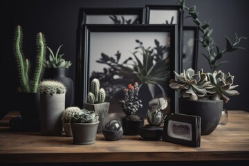 Modern black table decor featuring a facsimile of a frame. Succulent plants, tulips, cacti, and ornamental rocks. view from the top. Generative AI