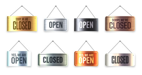 Brushed metal Open and Closed hanging signboards. Vintage door sign for cafe, restaurant, bar or retail store. Announcement banner, information signage for business or service. Vector illustration