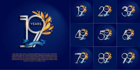 set of anniversary logotype silver and gold color, ornament and blue ribbon for special celebration event