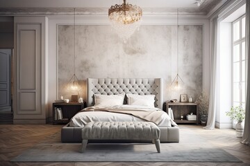 White furnishings and classic wall decor in a modern, luxurious bedroom. Generative AI