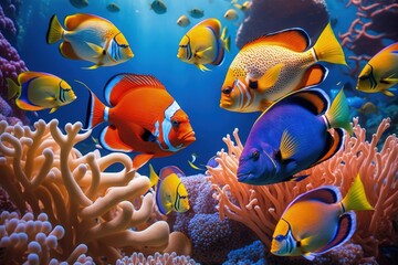 Obraz na płótnie Canvas Vibrant Underwater Adventure: Colorful Fish and Coral Reef Explorations. Generative AI