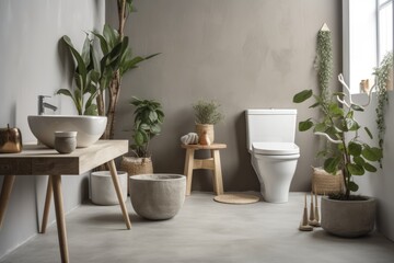 Grey toilet or table with plants, white wall. minimalist architecture for the home. Generative AI
