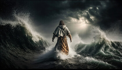 Faith in the Storm: Jesus Walking on Water Amidst Wind and Waves. Generative AI