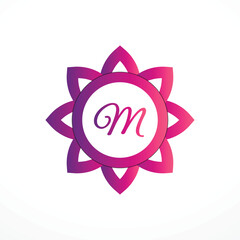 Initial M Logo with Pink Heart Icon. Letter M Concept with Love. Vector Illustration.
