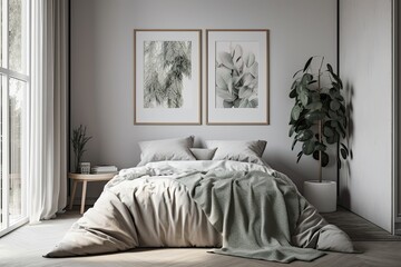 A faux poster frame hangs on the wall of a contemporary bedroom. Generative AI