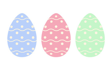 Set of three Easter eggs in trendy blue, pink and green with a simple pattern of wavy lines and dots