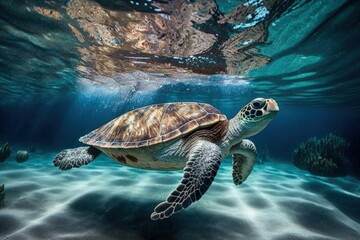 Graceful Journey: Sea Turtle Gliding in crystal-clear waters. Generative AI
