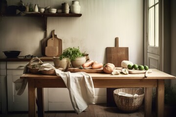 An old fashioned kitchen setting includes a wooden table, a bag of veggies, bagles, a cup of tea, and cooking utensils. Concept for a kitchen that is really simple. countryside ambience Template. hue