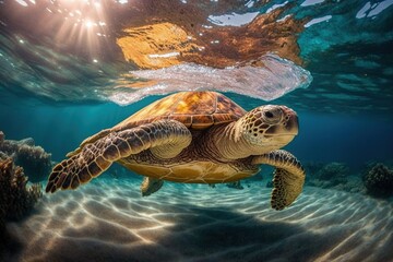 Graceful Journey: Sea Turtle Gliding in crystal-clear waters. Generative AI
